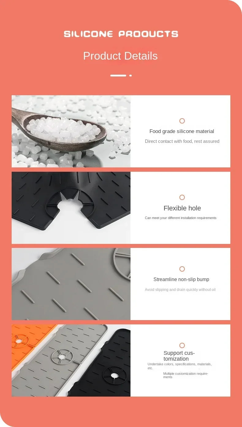 Various silicone products including a food grade material scoop, a flexible hole component, a non-slip bump mat, and customiz