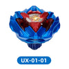 A blue metal spinning top battle toy with a red and gold centerpiece and launcher mechanism.