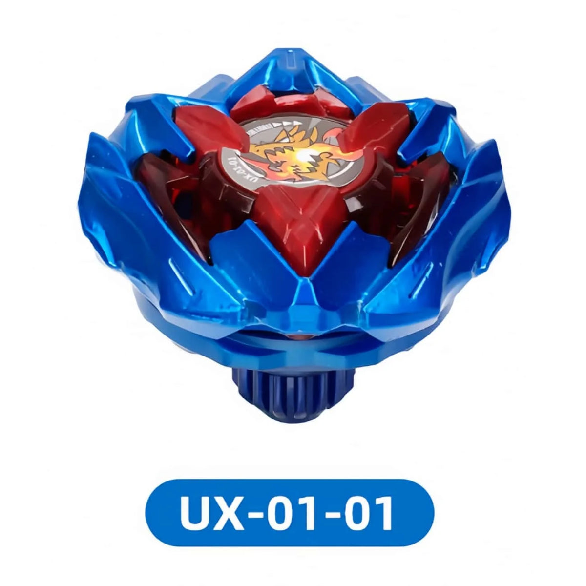A blue metal spinning top battle toy with a red and gold centerpiece and launcher mechanism.