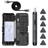 A black electric screwdriver set with a charging cable and various screwdriver bits is shown.