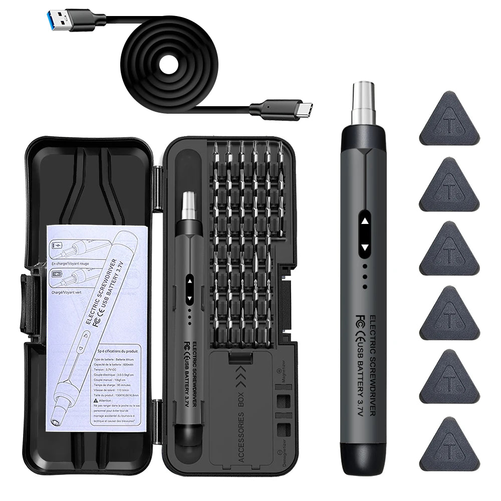 A black electric screwdriver set with a charging cable and various screwdriver bits is shown.
