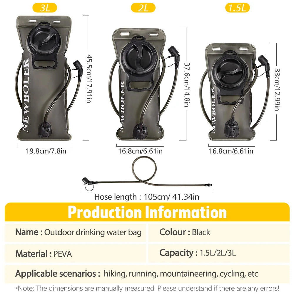 A set of three capacity hydration bladders labeled 3L, 2L, and 1.5L with associated hoses and product information.
