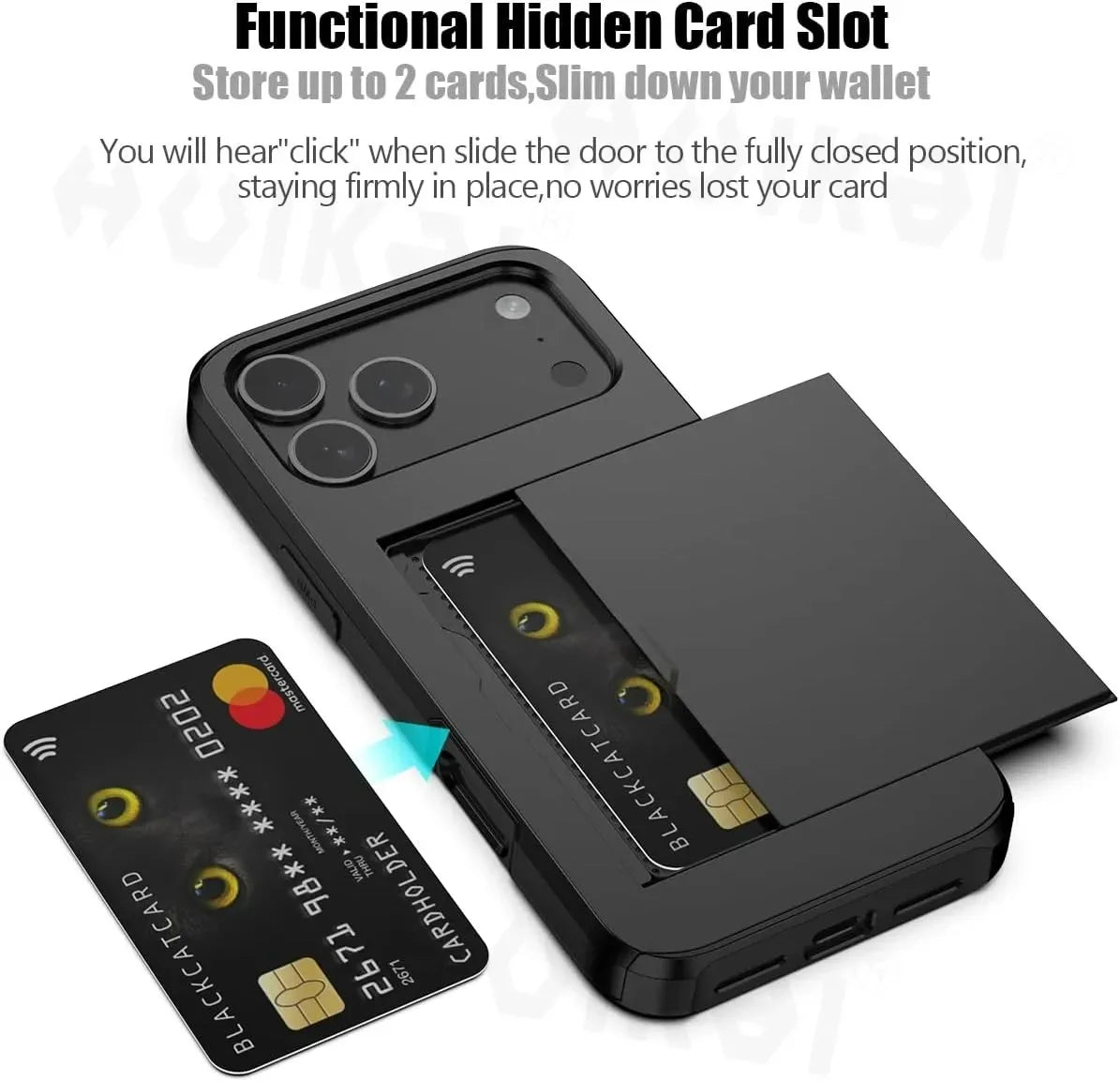 A black phone case featuring a functional hidden card slot for storing up to two cards.