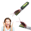 A small, dark brown cockroach is shown next to a package of realistic cockroach prank gum.
