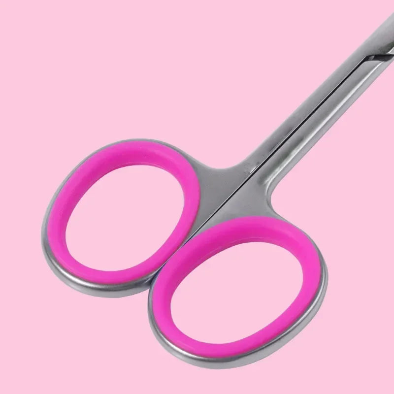A pair of professional stainless steel cuticle scissors with bright pink handles.