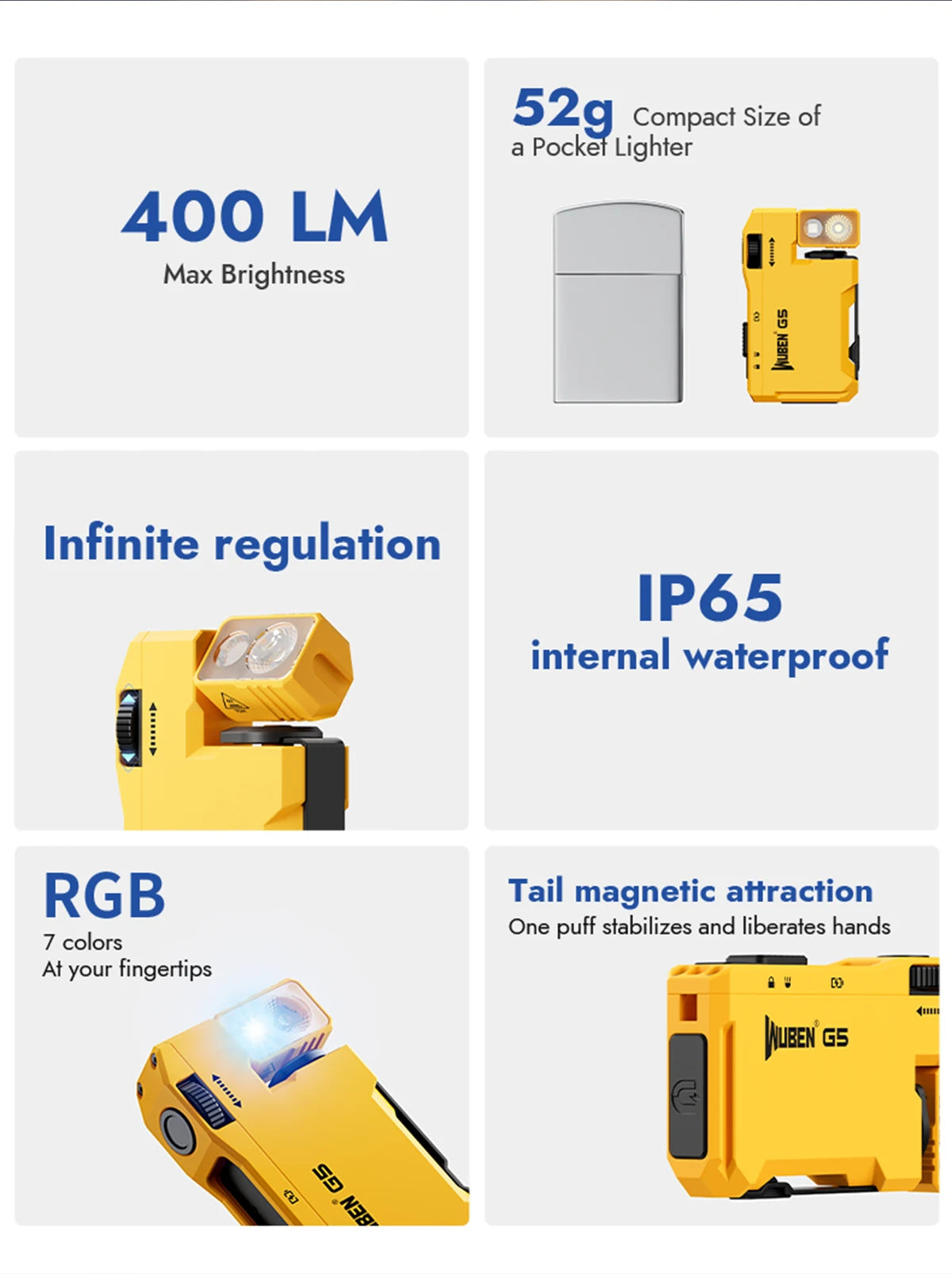 Yellow Wuben G5 compact flashlight with RGB lighting and a magnetic tail attachment.