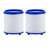 Two white foam water filters with blue caps and splash guards