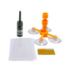 DIY windshield repair kit showing a repair resin bottle, an orange tool, and adhesive discs.