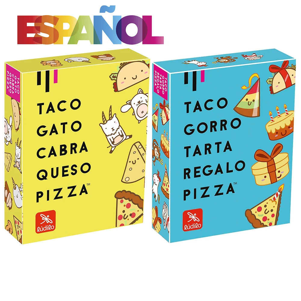 Two boxes of Taco Gato Cabra Queso Pizza card game in Spanish edition with illustrations of food items.