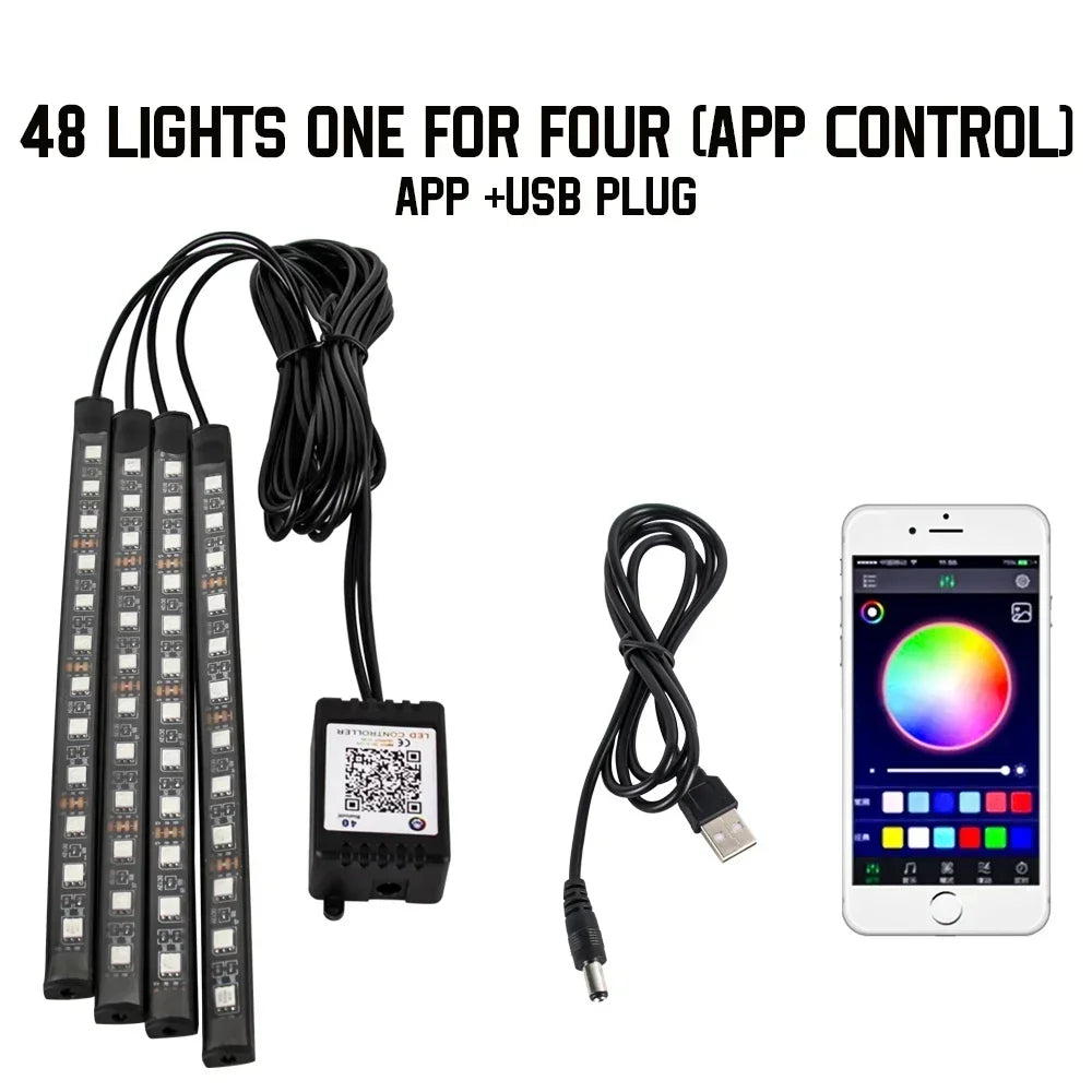 A set of 48 LED lights for car underglow with an app control and USB plug.