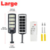 A large solar street light with a motion sensor and remote control is shown alongside its components.