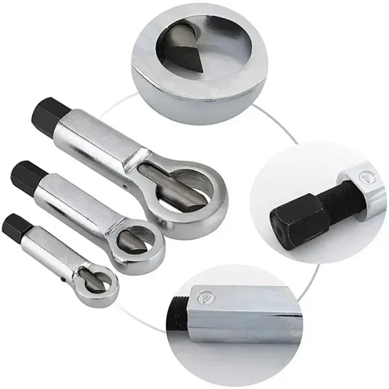 A set of metal splitters and tools for removing damaged screws and nuts, shown in various sizes.