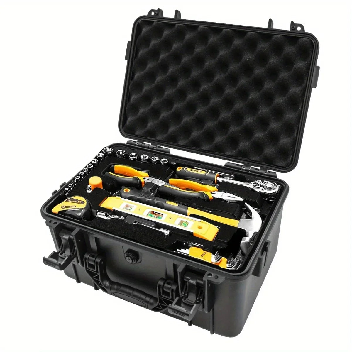Portable hard shell toolbox with a customizable foam insert containing various tools