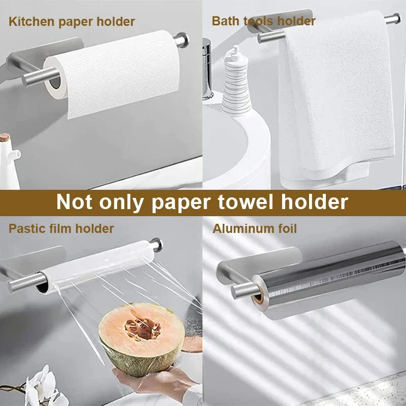 Stainless steel wall-mounted paper towel holder and various holders for kitchen, bath tools, plastic film, and aluminum foil.