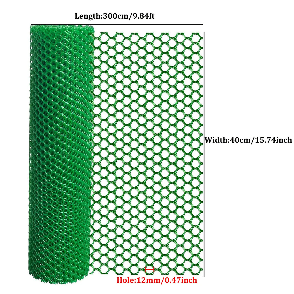 Green plastic wire mesh with 12mm holes, measuring 300cm long and 40cm wide.