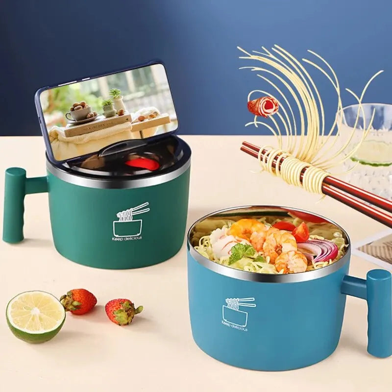 Portable Stainless Steel Noodle Bowl with Draining Lid