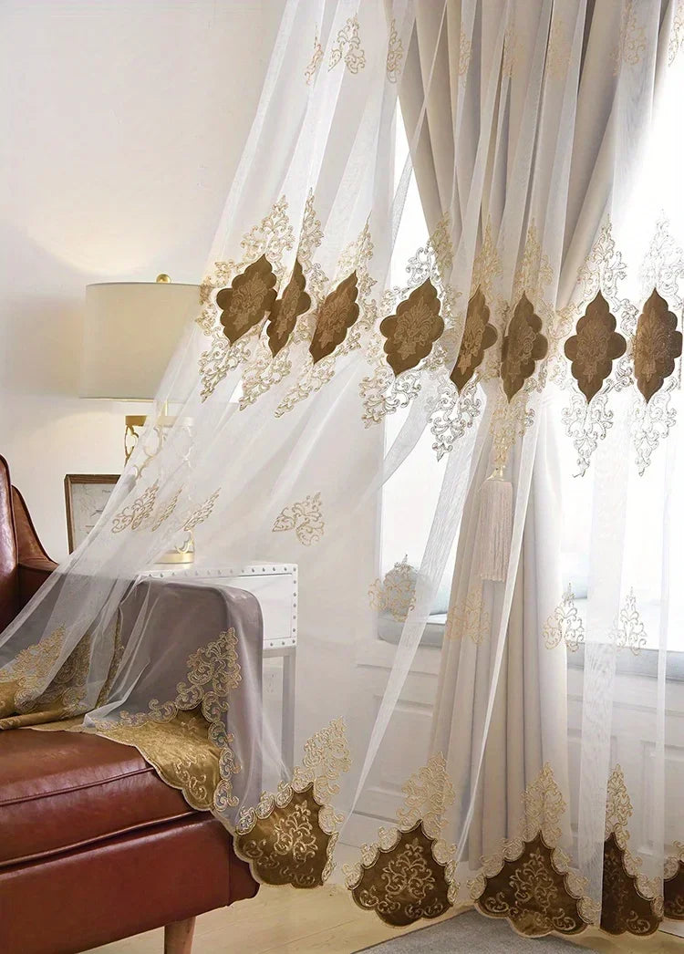Embroidered Gauze Curtain with Floral Design