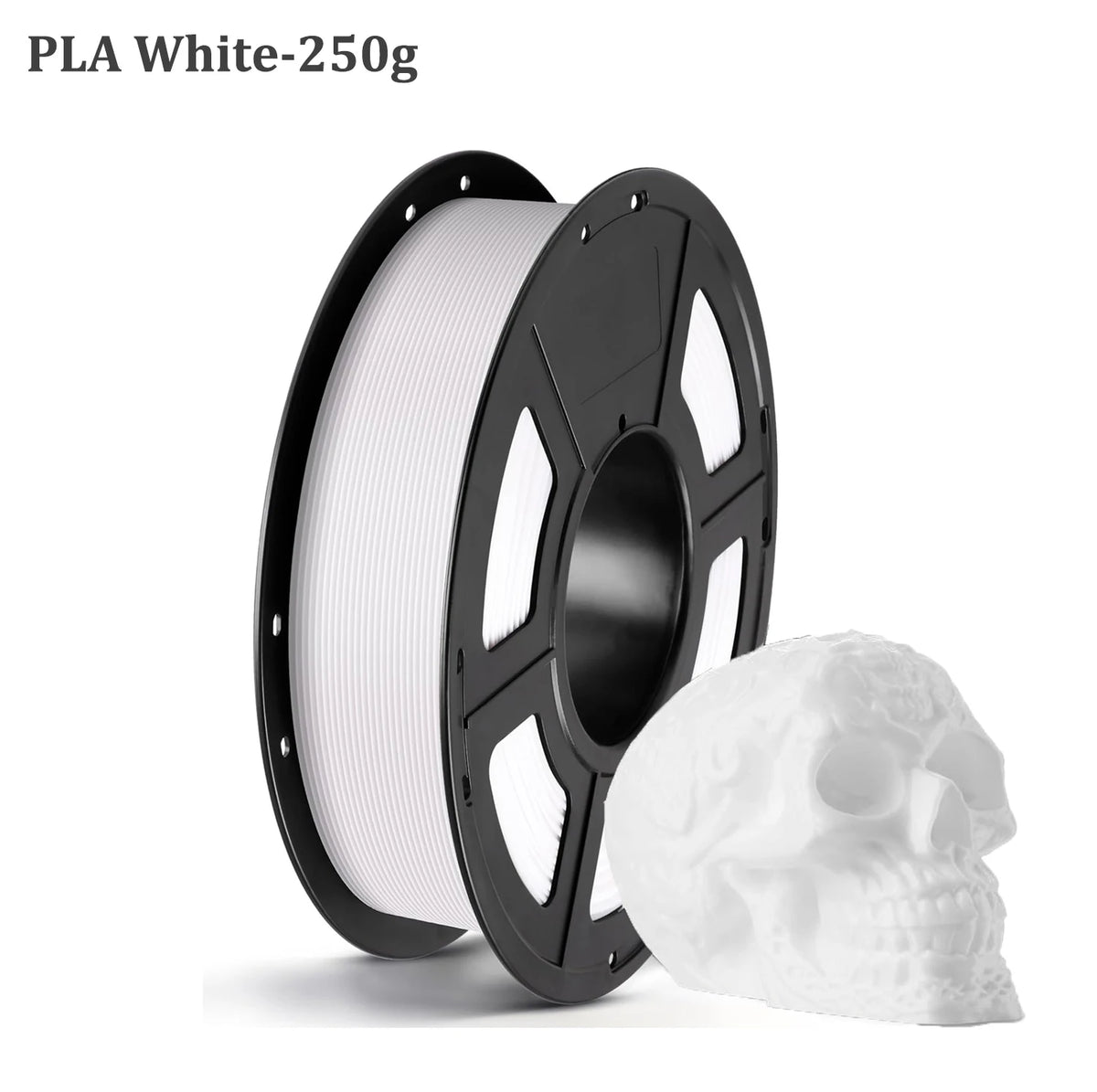A roll of white PLA filament is shown next to a white skull model.