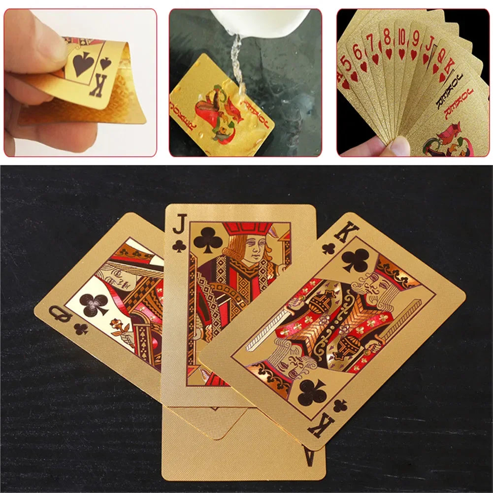 A set of 24K gold waterproof playing cards shown in various forms and stacked on a dark surface.
