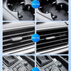 Close-up images showing a reusable cleaning gel being used for dust cleaning in car interiors and home use.