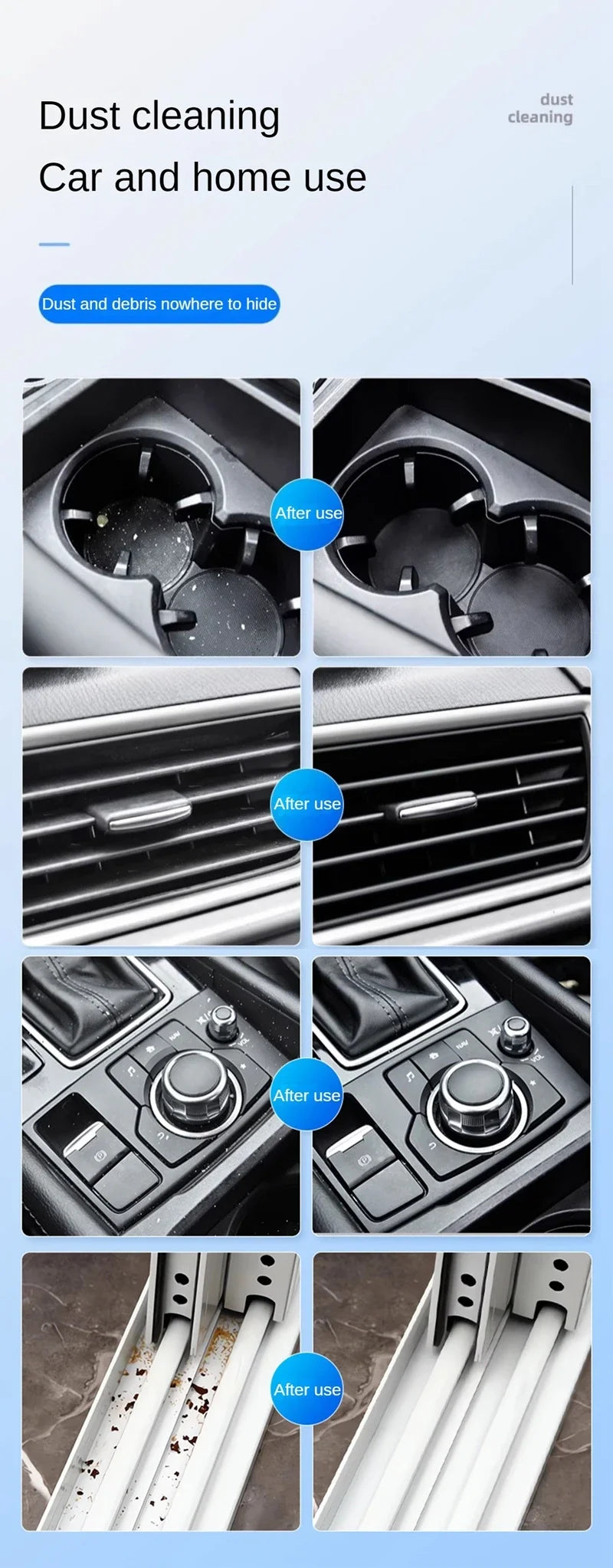 Close-up images showing a reusable cleaning gel being used for dust cleaning in car interiors and home use.
