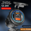 A black modified car charger with a round display showing PD3.0 and QC3.0 ports.