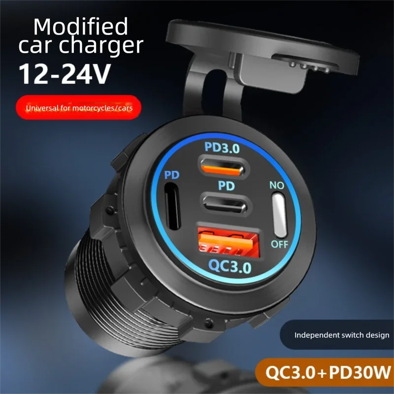 A black modified car charger with a round display showing PD3.0 and QC3.0 ports.