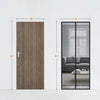 A modern wooden door next to a glass sliding door frame with a mesh screen and a sofa visible through the glass.