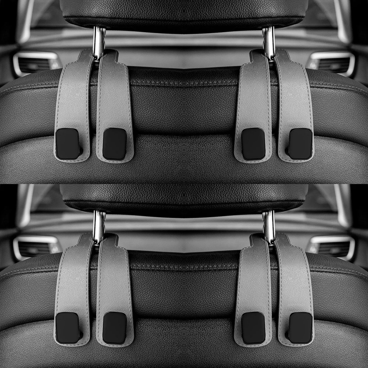 Close-up view of car headrest hooks designed for bags and shopping organizers.