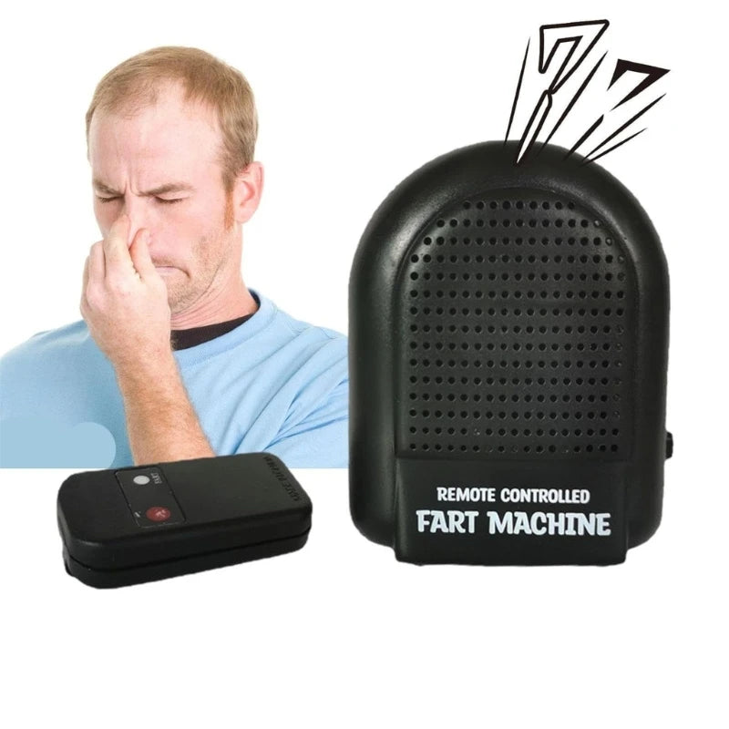 A man is shown next to a remote controlled fart machine, demonstrating its use for pranks.