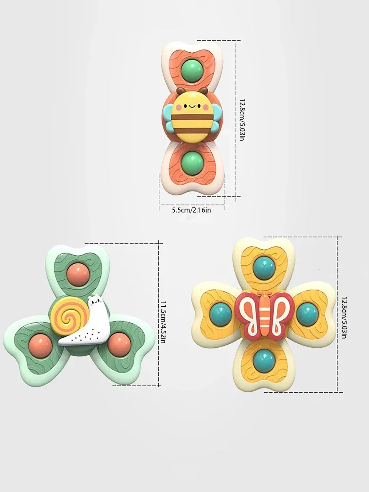 A set of insect-themed suction cup bath toys featuring yellow and orange shapes with green accents.