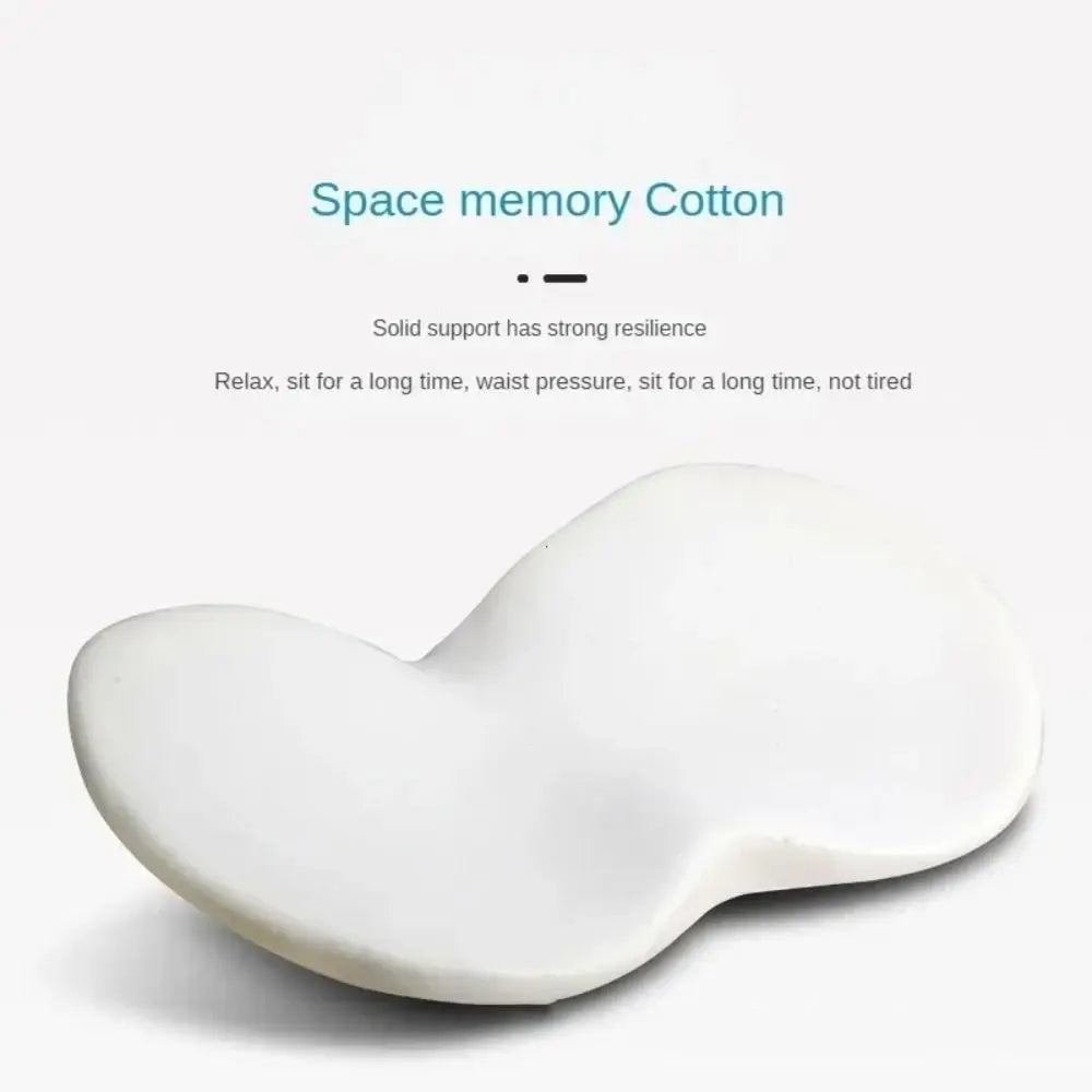 A white memory foam cushion for a car seat, showing its smooth, contoured shape.