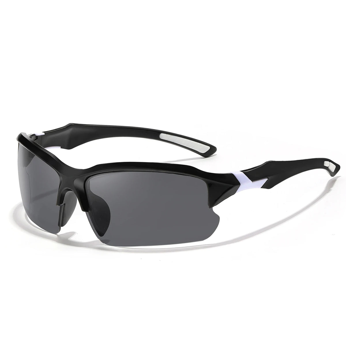 Black polarized sports sunglasses with a white accent on the temple arm
