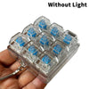 A clear plastic case containing multiple blue LED mechanical keychain fidget toys.