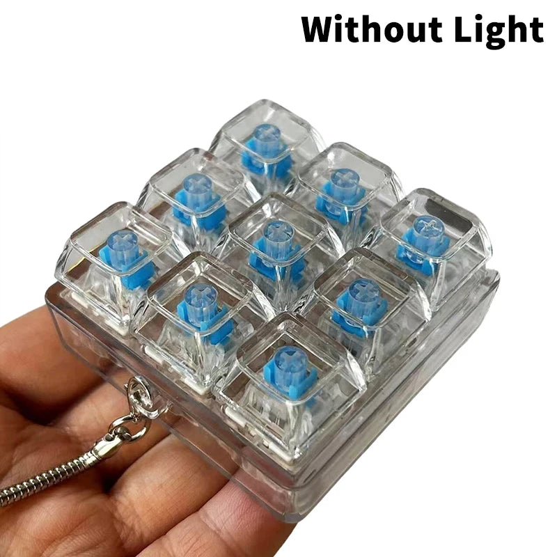 A clear plastic case containing multiple blue LED mechanical keychain fidget toys.