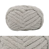 A ball of light gray chunky chenille yarn with a textured, ribbed pattern.
