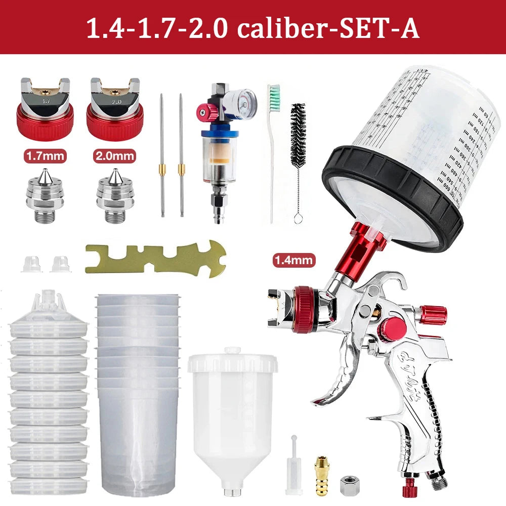 A set of HVLP gravity feed spray guns, including nozzles, air regulator, and various sizes (1.4mm to 2.0mm).