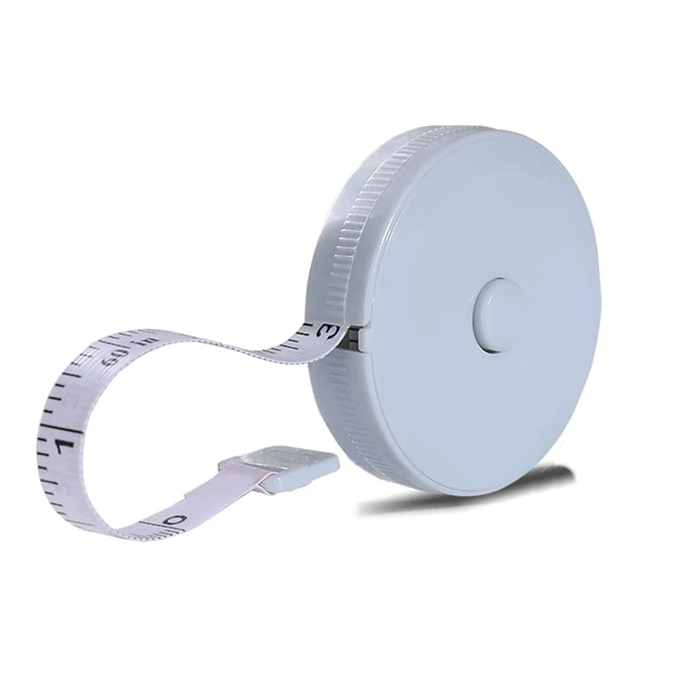 A white flexible soft tape measure with dual-sided markings and a strap.