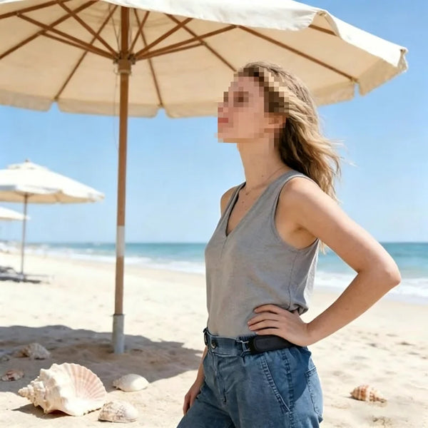 A woman wearing a gray tank top and denim shorts stands under a large white umbrella on a sandy beach.