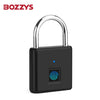 A black fingerprint padlock with a metal shackle is shown against a white background.