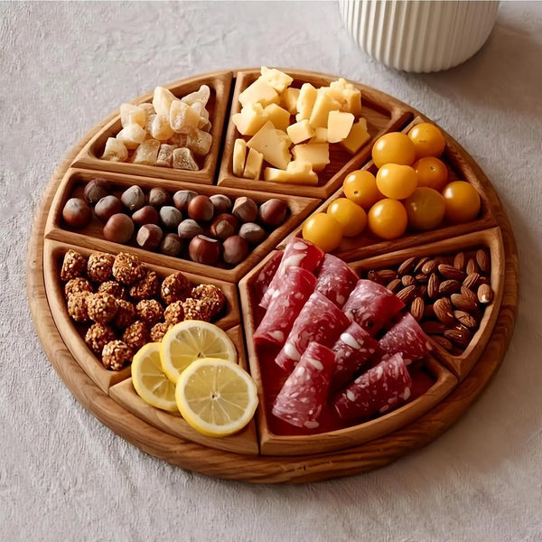 Round Wooden Serving Tray with 8 Removable Compartments
