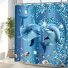 A vibrant blue and silver shower curtain featuring a graphic of dolphins jumping through sparkling water.