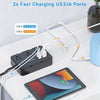 A black flat power strip with multiple ports is shown next to a tablet and charging cables.