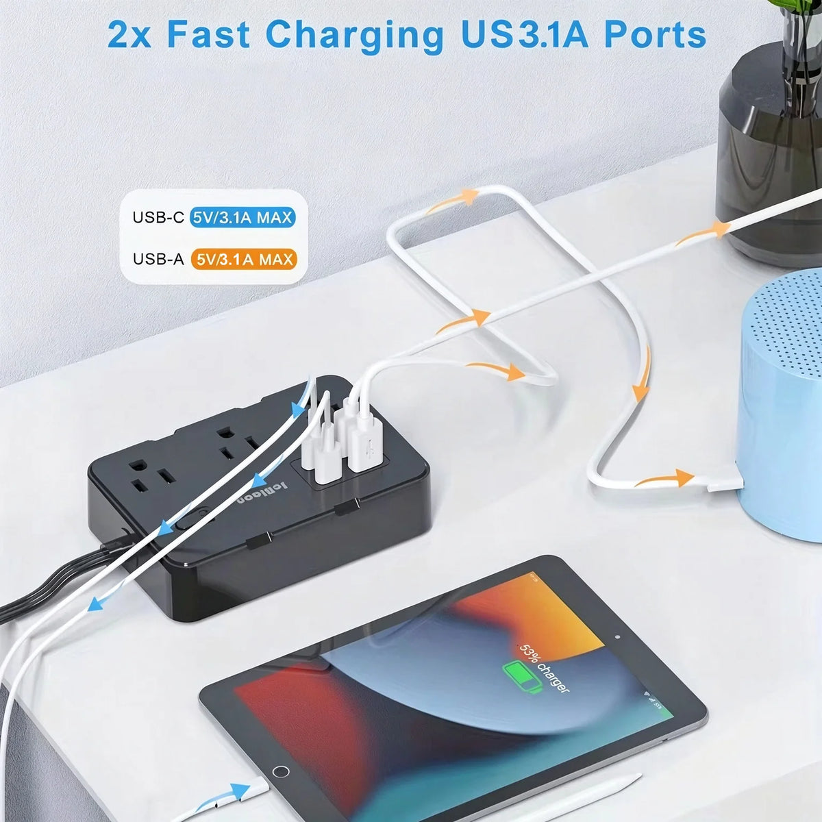 A black flat power strip with multiple ports is shown next to a tablet and charging cables.