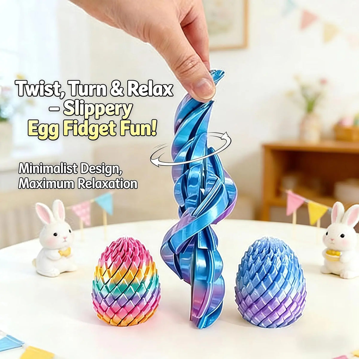 A hand twists a blue fidget toy shaped like an egg, demonstrating the twist turn and relax feature.