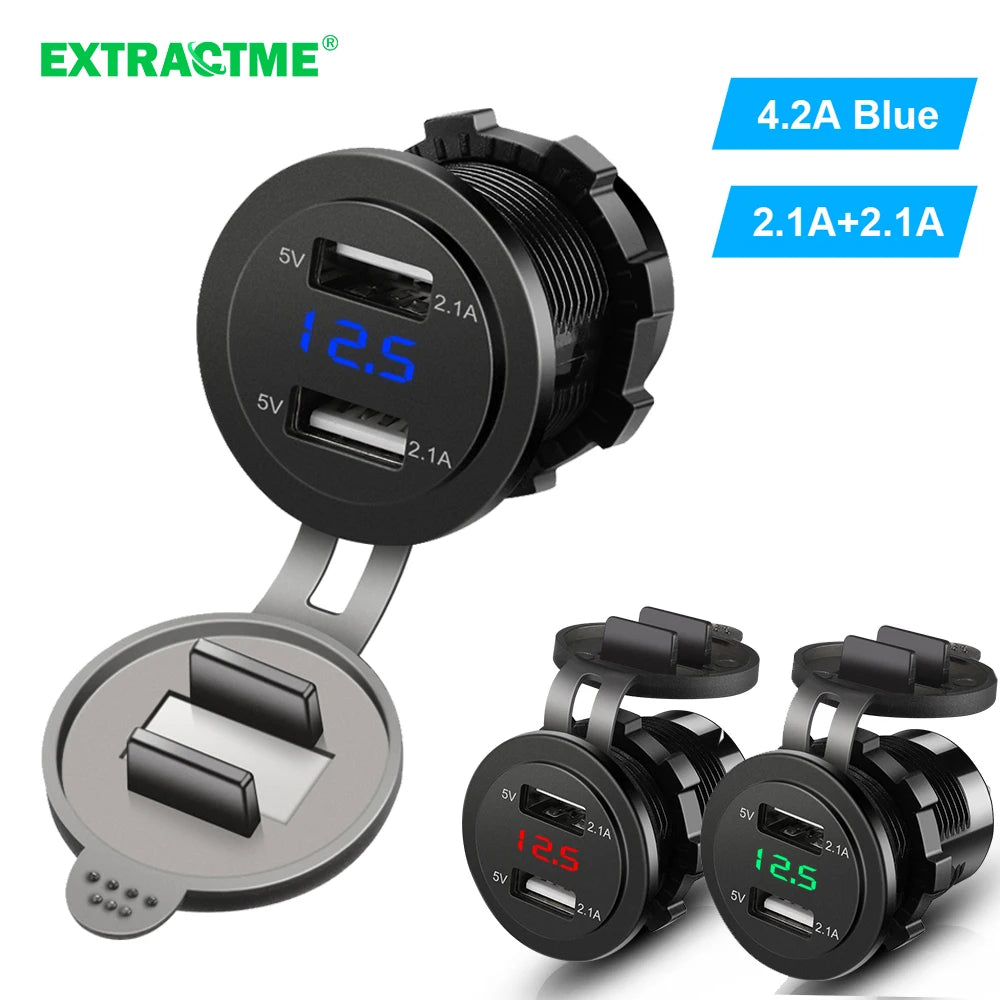 Dual USB Car Charger with LED Voltmeter – Fast Charging 12V/24V