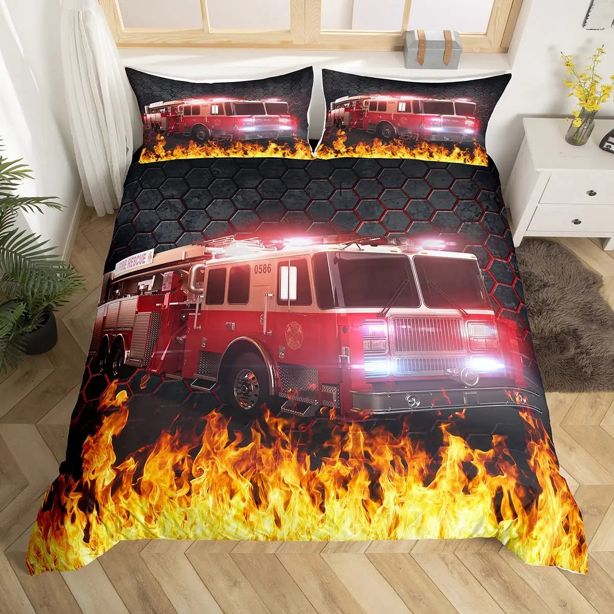 Firefighter duvet cover set featuring a red fire engine design on a honeycomb pattern.