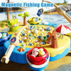A magnetic fishing game set featuring various plastic fish and accessories on a yellow base.