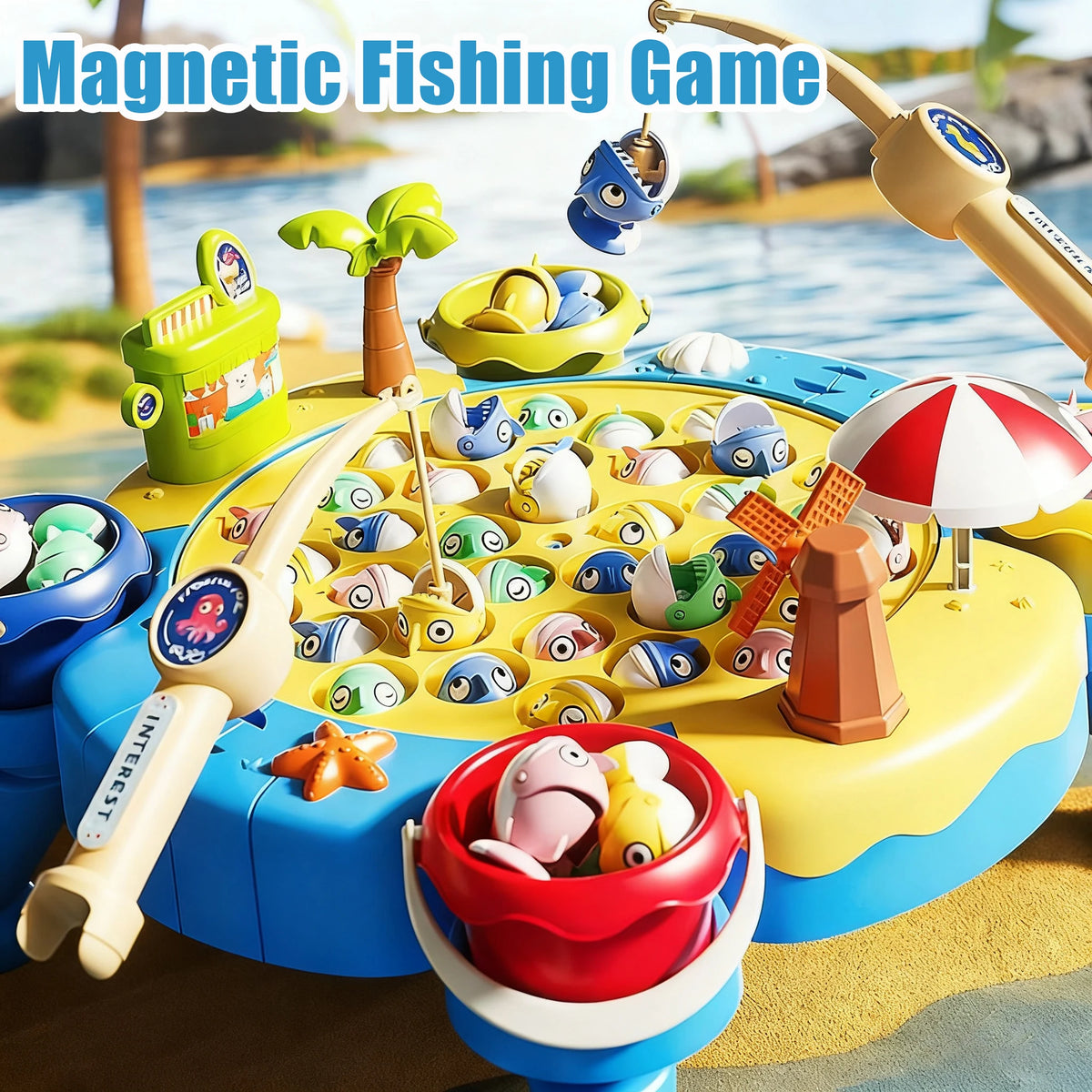 A magnetic fishing game set featuring various plastic fish and accessories on a yellow base.