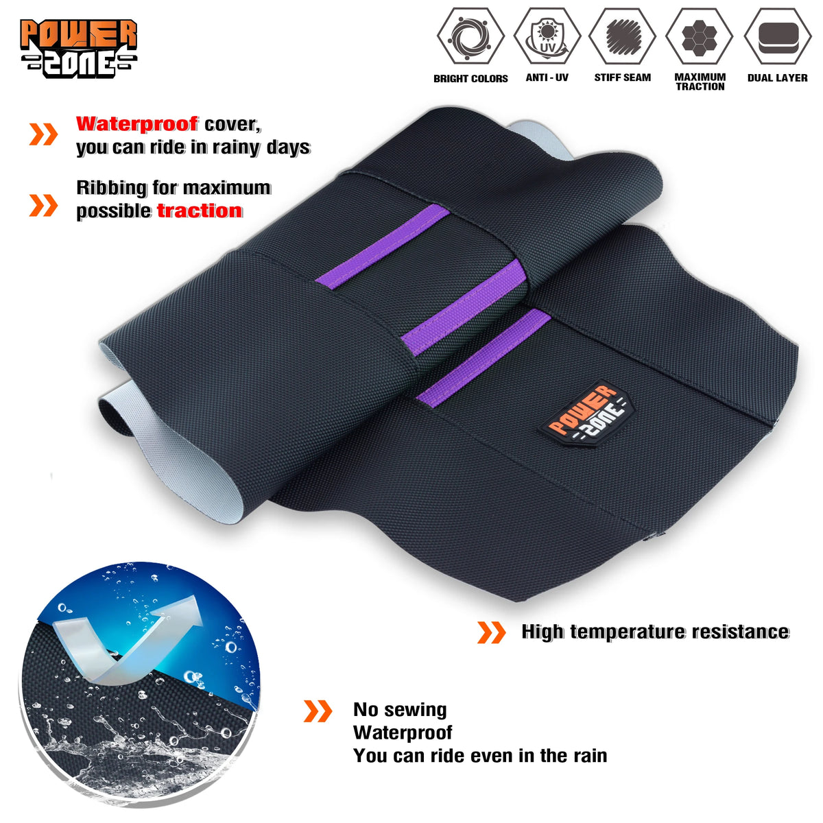 Black ribbed motorcycle seat cover designed for waterproof protection and maximum traction